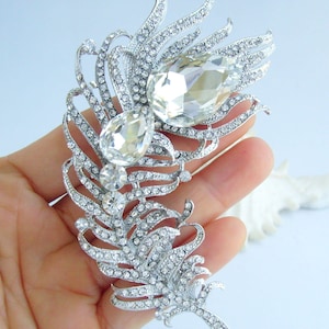 4.3 Inch Charming Peacock Feather Brooch Pin Pendant Rhinestone Crystals Prom Jewelry ET05038M