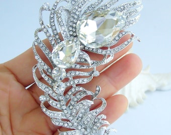 4.3 Inch Charming Peacock Feather Brooch Pin Pendant Rhinestone Crystals Prom Jewelry ET05038M