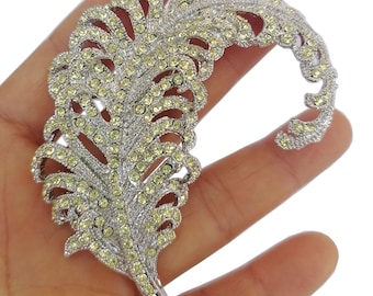 3.4 Inch Unique Feather Brooch Pin Pendant Rhinestone Crystals Prom Jewelry ET05065MB