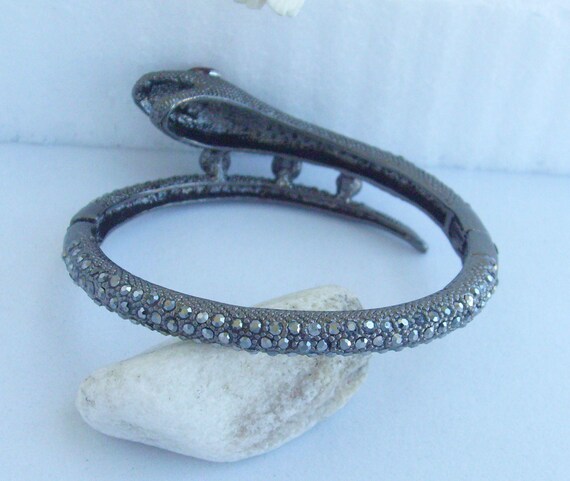 Bracelet Serpent Jonc Sur Ressort - Acier Inoxydable Argenté Et Noir, Yeux Rouges - Neuf Sans Emballage