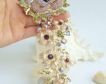 7.5 Inch Bridal Long Flower Rose Brooch Pin Pendant Wedding Bouquet Austrian Crystals Prom Jewelry ET04705M