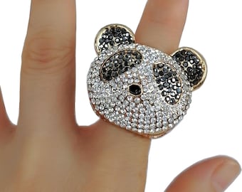 Gloss Black&Clear Rhinestone Crystals Bear Ring, Chunky Ring, Crystal Panda Ring, Statement Ring Women ETCR208H