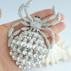 Może przedstawiać: Srebrna broszka w kształcie pająka, inkrustowana przezroczystymi kryształkami. Broszka ma szczeg&oacute;łowy design z wieloma nogami i dużą grupą kamieni tworzących ciało. Oczy to małe czarne kamienie.