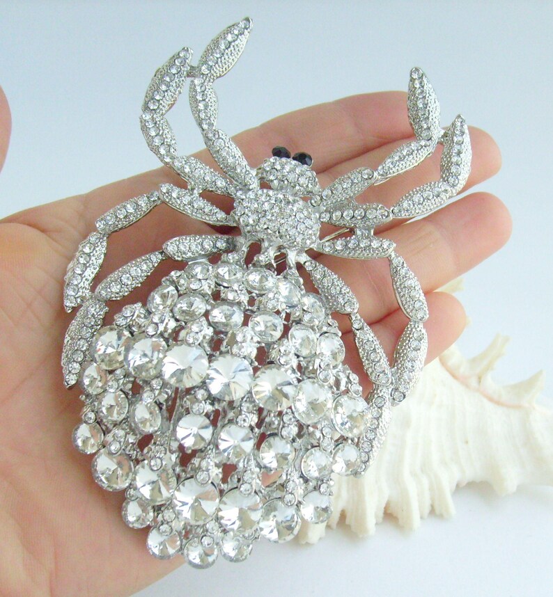 Może przedstawiać: Srebrna broszka w kształcie pająka, inkrustowana przezroczystymi kryształkami. Broszka ma szczeg&oacute;łowy design z wieloma nogami i dużą grupą kamieni tworzących ciało. Oczy to małe czarne kamienie.