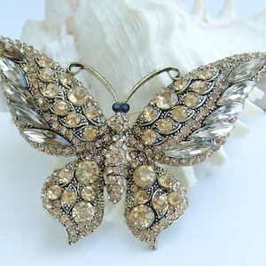 May include: A gold-toned butterfly brooch, encrusted with numerous amber and clear crystals. The wings are detailed with various sizes of stones, creating a sparkling effect. The brooch is a decorative accessory.