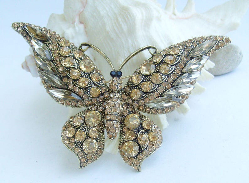May include: A gold-toned butterfly brooch, encrusted with numerous amber and clear crystals. The wings are detailed with various sizes of stones, creating a sparkling effect. The brooch is a decorative accessory.