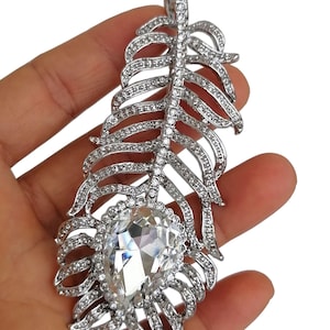 3.7 Inch Elegant Feather Brooch Pin Pendant Rhinestone Crystals Prom Jewelry ET06631M