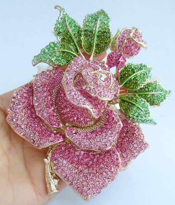 Art Deco Style Pink Rose Crystal Brooch Pin - Gold Tone, Rhinestone Flower Pendant