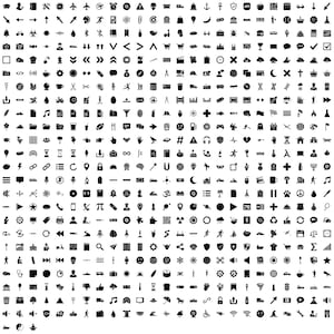 May include: A collection of black and white icons, symbols, and glyphs. The image features a grid of various shapes, including arrows, geometric forms, and abstract designs. The icons are arranged in a uniform pattern, suitable for digital design or user interface elements.