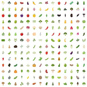 Könnte beinhalten: Eine farbenfrohe Illustration verschiedener Gemüse und Kräuter, darunter Kürbisse, Paprika, Bohnen und Pilze. Das Bild zeigt einen weißen Hintergrund und eine rasterartige Anordnung der Lebensmittel, die eine vielfältige Auswahl an Produkten zeigt.