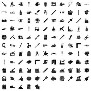 Puede incluir: Una colección de iconos de silueta negra que representan diversas herramientas y equipos de carpintería. La imagen incluye herramientas como sierras, taladros, martillos e instrumentos de medición, ideales para carpintería y proyectos de bricolaje.