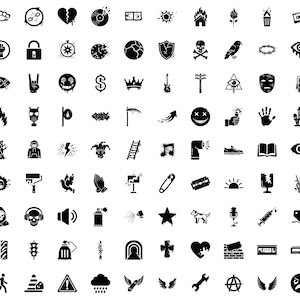 May include: Collection of black and white graphic icons, including a padlock, broken heart, skull, eye, and other symbols. The icons are arranged in a grid, suitable for design or digital art projects.