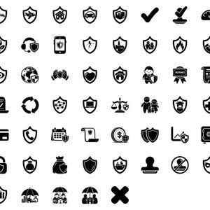 May include: A set of black and white shield icons illustrating insurance themes. The icons feature shields with symbols for home, car, family, health, and finance. Also included are a tick and a padlock.