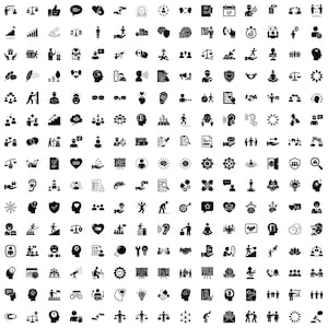 Puede incluir: Una colección de iconos en blanco y negro que representan varios conceptos como la comunicación, los negocios y el trabajo en equipo. Los iconos incluyen bocadillos, corazones, balanzas y personas.