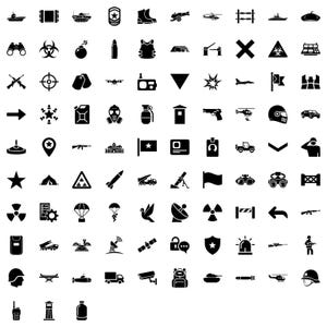 May include: A collection of black and white military and war-themed icons. The icons include tanks, guns, flags, bombs, and other related symbols. The icons are arranged in a grid pattern.