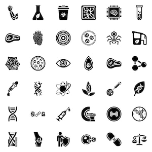 Op de afbeelding: Een verzameling zwart-witte wetenschappelijke en medische pictogrammen, waaronder een microscoop, DNA-strengen, een hersenen, een hart en een spuit. De pictogrammen zijn gerangschikt in een rasterpatroon, geschikt voor wetenschappelijke of medische ontwerpen.