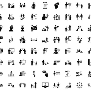 May include: A collection of black and white business and teamwork icons. The icons depict various activities, including presentations, discussions, and collaboration, suitable for business and educational materials.