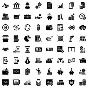 Iconenpakket voor bankieren en financieren | 80+ minimale zwarte SVG-pictogrammen | Fintech-, betalings-, portemonnee-, crypto- en leenlijnvectorset