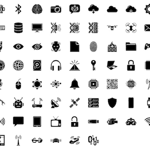 May include: A set of black and white technology icons. The image includes a brain, camera, cloud, keyboard, database, computer monitor, DNA strands, drone, email, eye, fingerprint, firewall, folder, game controller, globe, hard drive, headphones, key, laptop, lock, and more.