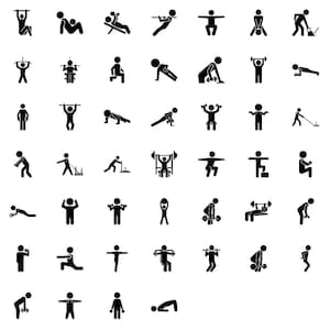 Może przedstawiać: Zbiór czarno-białych ilustracji przedstawiających różne ćwiczenia. Postacie wykonują czynności takie jak podnoszenie ciężarów, pompki i rozciąganie, prezentując różnorodne rutyny treningowe i aktywności fitness.