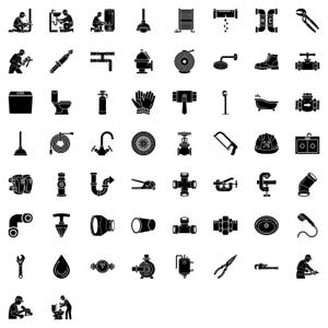 Op de afbeelding: Een verzameling zwart-witte loodgieterspictogrammen, waaronder gereedschappen, armaturen en werknemers. De pictogrammen tonen verschillende loodgieterselementen zoals buizen, sleutels en wastafels, geschikt voor een loodgieters- of klusjesthema.