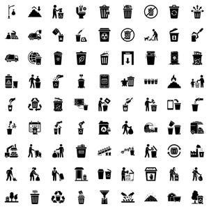 Pode incluir: Um conjunto de ícones em preto e branco relacionados à gestão de resíduos e reciclagem. Os ícones retratam vários aspetos da eliminação de resíduos, incluindo caixotes do lixo, símbolos de reciclagem e pessoas a lidar com resíduos.