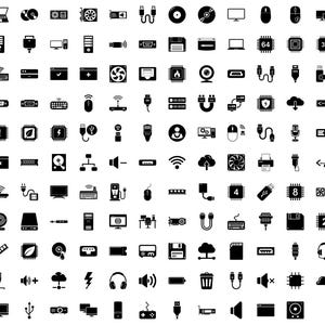 May include: A collection of black and white computer hardware icons, including a laptop, CD, graphics card, USB cables, monitor, mouse, and more. The icons are arranged in a grid pattern.