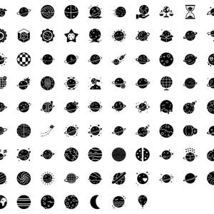 Svarta ikoner för himmelska: Planet- och rymdvektorpaket (PNG SVG JPG digital nedladdning)