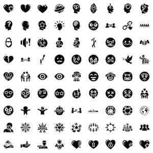 May include: A collection of black and white icons representing various emotions, concepts, and symbols. The icons include hearts, faces, people, and abstract shapes, suitable for digital design or graphic use.