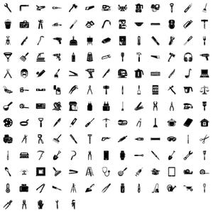 Puede incluir: Una colección de iconos de herramientas en blanco y negro, incluyendo un martillo, una sierra, una llave inglesa y un destornillador. La imagen presenta una variedad de herramientas comúnmente utilizadas en la construcción, reparación y otros proyectos de bricolaje. Los iconos están dispuestos en una cuadrícula.