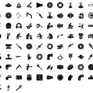 Op de afbeelding: Een verzameling zwart-witte industriële pictogrammen, waaronder pijpen, kleppen, gereedschappen en figuren van werkende mensen. De afbeelding toont verschillende elementen die verband houden met sanitair, constructie en engineering.
