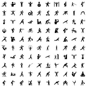 May include: A series of black silhouette icons illustrating diverse exercises and fitness activities. The icons depict individuals engaged in activities like weightlifting, running, yoga, and gymnastics. The image is a visual representation of a workout regime.