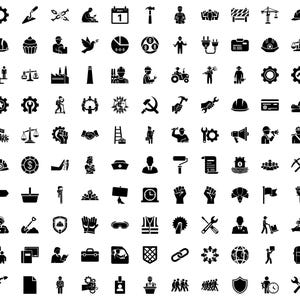 May include: A collection of black and white vector icons related to construction, labor, and industry. The icons include tools, workers, gears, and other relevant symbols, suitable for design and informational purposes.