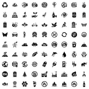Puede incluir: Una colección de iconos ambientales en blanco y negro, que incluyen símbolos de reciclaje, globos terráqueos, hojas y varios símbolos ecológicos. Los iconos representan la sostenibilidad, la naturaleza y la conservación.