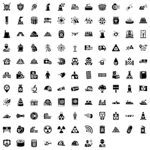 May include: A collection of black and white vector icons related to nuclear energy, radiation, and safety. The icons include symbols for nuclear plants, warning signs, gas masks, and scientific equipment.