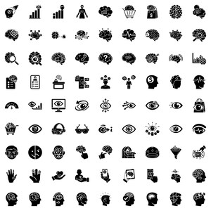 May include: A collection of 64 black and white icons related to the brain, mind, and mental health. The icons include images of brains, eyes, charts, and people, suitable for use in websites, presentations, or educational materials.