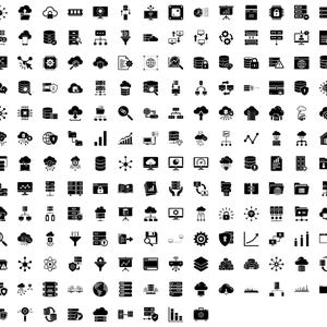 May include: A set of over 100 black and white vector icons depicting cloud computing, data storage, servers, and network infrastructure. The icons are designed in a simple, flat style, ideal for digital use.