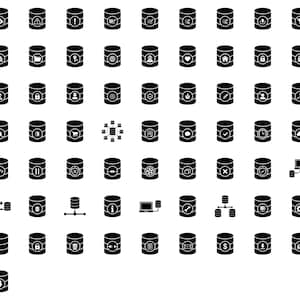 May include: A series of black and white database icons, each representing a cylindrical server with different symbols. Icons include a warning sign, a globe, a shopping cart, and a lock. The icons are arranged in a grid pattern.