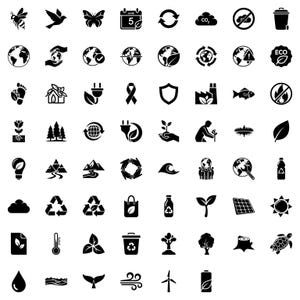 May include: A collection of black and white environmental icons, including a bee, bird, butterfly, recycling symbols, earth globes, leaves, and a solar panel. The icons represent sustainability and eco-friendly concepts.