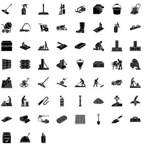 Op de afbeelding: Een verzameling zwart-witte bouwiconen, waaronder gereedschappen, machines en arbeiders. De iconen vertegenwoordigen verschillende aspecten van de bouw, zoals het mengen van cement, bestraten en het gebruik van handgereedschap. De afbeelding is een uitgebreide visuele gids voor bouwgerelateerde activiteiten.