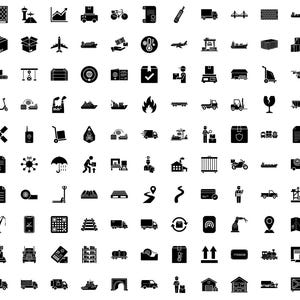 May include: A collection of black and white icons related to shipping, logistics, and transportation. The icons include images of trucks, ships, airplanes, packages, and other related symbols.