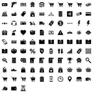 May include: A collection of black and white e-commerce icons, including shopping carts, payment symbols, and product tags. The image features icons for online shopping, sales, and store-related elements.
