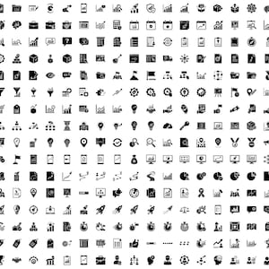 May include: A set of black and white business and finance icons. The image features various symbols such as charts, graphs, maps, and other elements related to data analysis, planning, and strategy. Ideal for use in presentations, websites, and business-related content.