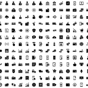 May include: A set of black and white icons depicting financial and cryptocurrency symbols. The icons include money bags, wallets, credit cards, Bitcoin, Ethereum, and mobile payment symbols.