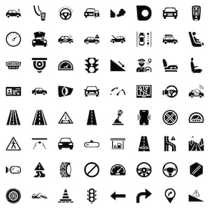 Op de afbeelding: Een verzameling zwart-witte pictogrammen met betrekking tot auto's. De pictogrammen omvatten een autoaccu, snelheidsmeter, auto met open motorkap, verkeerslicht, autostoel, weg, stuurwiel en band.