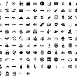 Puede incluir: Una colección de iconos vectoriales en blanco y negro, que incluyen un candado, una hucha, una caja fuerte, un cartel de búsqueda, una pistola, una rosa, un objetivo y un maletín. Los iconos representan varios temas.