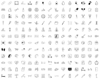 医療用落書き SVG アイコン: Cricut とデジタル デザイン用のヘルスケア クリップアート バンドル (黒のアウトライン)