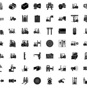 Könnte beinhalten: Eine Sammlung von schwarz-weißen Symbolen, die verschiedene Arten von Gabelstaplern, Lagerausrüstung und verwandten Industriemaschinen darstellen. Die Symbole umfassen verschiedene Gabelstapler-Designs, Reifen und andere Werkzeuge.