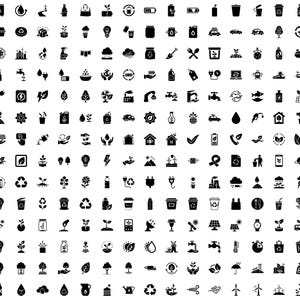 May include: A collection of black and white eco-friendly icons, including recycling symbols, plants, solar panels, and water droplets. The icons represent sustainability, renewable energy, and environmental conservation.