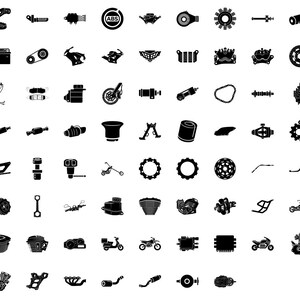 May include: A grid of black and white motorcycle parts icons, featuring gears, engines, and various mechanical components. The icons are designed in a simple, graphic style, ideal for automotive or motorcycle-themed projects.